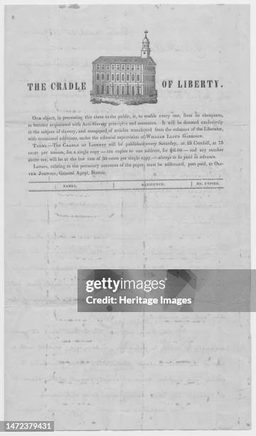 The Cradle of Liberty, 1839. Subscription to an abolitionist newspaper. 'Our object, in presenting this sheet to the public, is, to enable every one,...