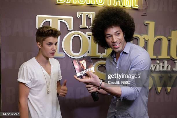 Episode 4279 -- Pictured: Musical guest Justin Bieber during an interview with Bryan Branly backstage on June 27, 2012 --