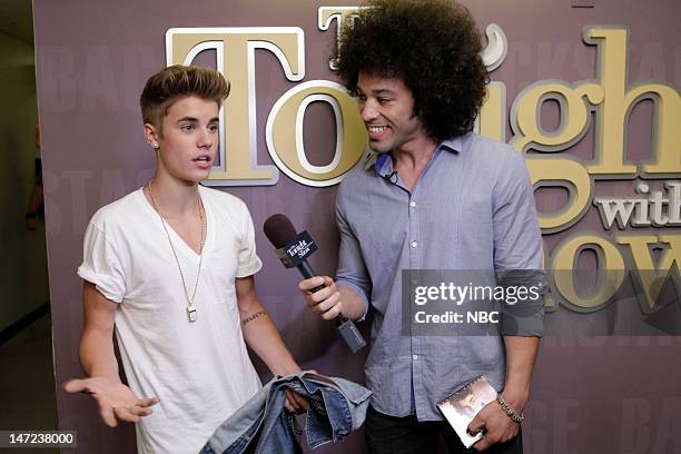 Episode 4279 -- Pictured: Musical guest Justin Bieber during an interview with Bryan Branly backstage on June 27, 2012 --