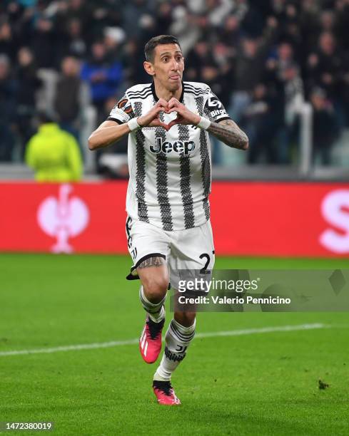 Angel Di Maria of Juventus celebrates after scoring the team's first goal during the UEFA Europa League round of 16 leg one match between Juventus...