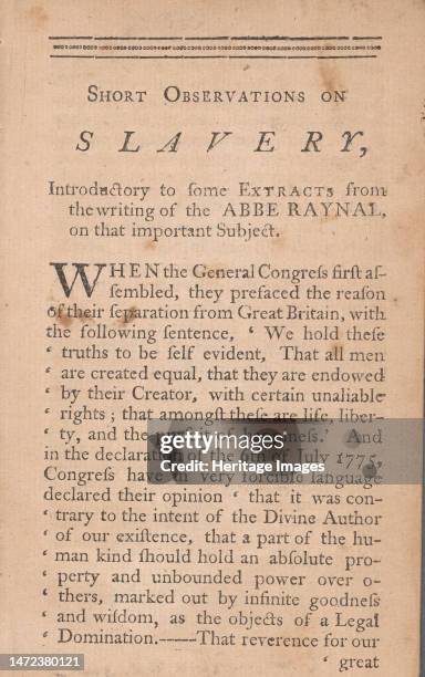 Short observations on slavery: introductory to some extracts from the writing of the Abbe Raynal, on that important subject, 1783. 'When the General...