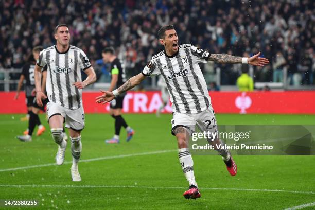 Angel Di Maria of Juventus celebrates after scoring the team's first goal during the UEFA Europa League round of 16 leg one match between Juventus...