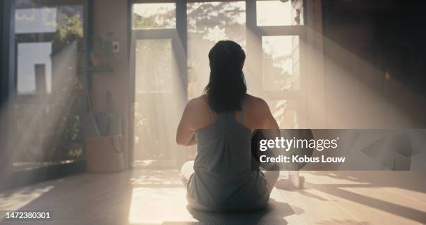 yoga, meditation and woman with fitness is sunshine, spiritual and chakra balance, mindfulness and zen. pilates, motivation and wellness in exercise studio, energy and holistic healing with health - spiritual healing stock pictures, royalty-free photos & images