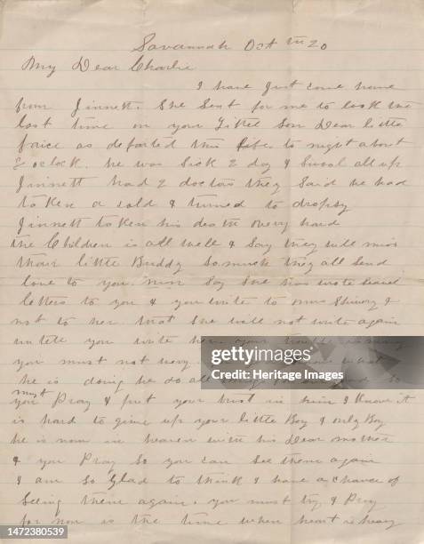 Letter with news of a child's death, 1876-1913. An African-American man informs his brother that his son has died. 'Savannah, Oct 20, My Dear...