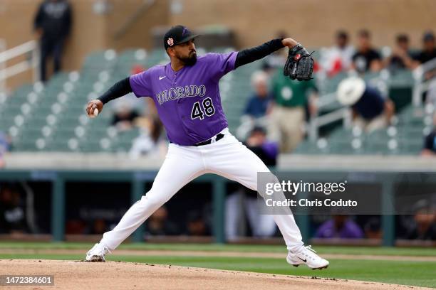 German Marquez of the Colorado Rockies pitches during the first inning of a spring training exhibition game against Team Mexico at Salt River Fields...