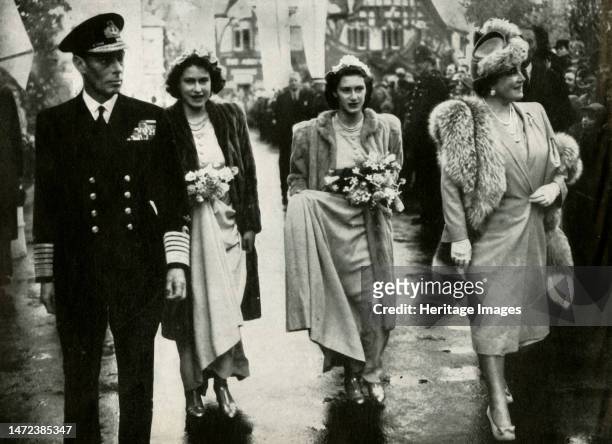 'Royal Bridesmaids', 26 October 1946, . King George VI and Queen Elizabeth with daughters Princess Elizabeth and Princess Margaret Rose at the...