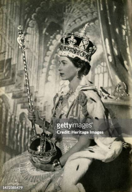 Queen Elizabeth II with crown, orb and sceptre, 2 June 1953, . Coronation portrait: the Queen wears the Imperial State Crown, made in 1937 for the...