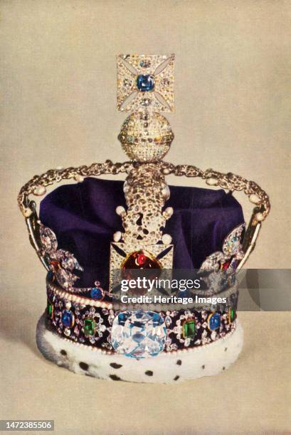 'Imperial State Crown', 1962. Worn on State occasions. In front is the balas ruby, '...given to the Black Prince in the fourteenth century'. The...