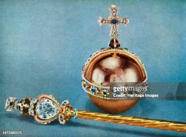 'Orb and Sceptre', 1962. The Sovereign's Orb and Sovereign's Sceptre, royal regalia used in British coronations, part of the Royal Collection at the...