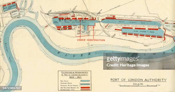 'Port of London Authority - Map', 1937. The River Thames in London, showing 'Extensions & Improvements...1909-1937...New Docks, Deepened Docks,...