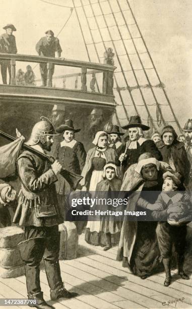 'The Pilgrim Fathers Leaving England', . English puritans on their way to north America. Quakers on board the Mayflower landed in 1620. From "King...