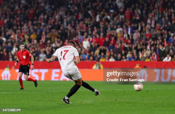 Erik Lamela of Sevilla FC scores the team's second goal during the UEFA Europa League round of 16 leg one match between Sevilla FC and Fenerbahce at...