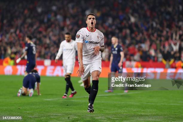 Erik Lamela of Sevilla FC celebrates after scoring the team's second goal during the UEFA Europa League round of 16 leg one match between Sevilla FC...
