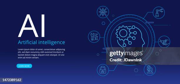 illustrazioni stock, clip art, cartoni animati e icone di tendenza di progettazione di modelli di banner web di machine learning di intelligenza artificiale con icone a linee sottili - tratto modificabile - digital transformation