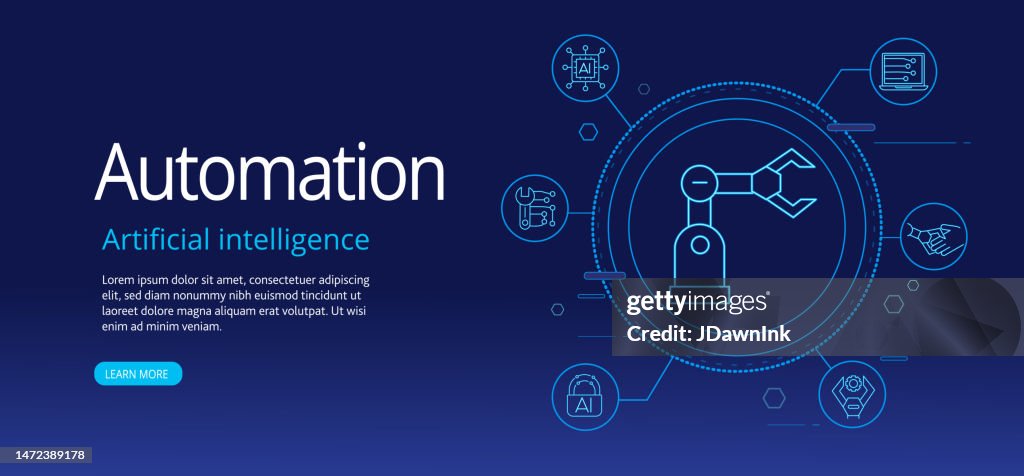Künstliche Intelligenz Maschinenautomatisierung Web-Banner-Vorlagendesign mit dünnen Liniensymbolen - editierbarer Strich