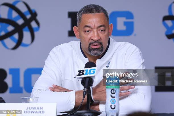 Head coach Juwan Howard of the Michigan Wolverines fields questions from the media after losing to the Rutgers Scarlet Knights in the second round in...