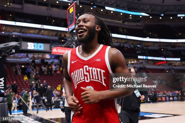 Bruce Thornton of the Ohio State Buckeyes celebrates after defeating the Iowa Hawkeyes in the second round of the Big Ten Tournament at United Center...