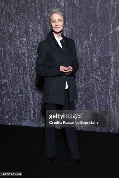 Charlotte Rampling attends the "Maison Ruinart X Eva Jospin" Photocall At Le Carreau du Temple on March 09, 2023 in Paris, France.