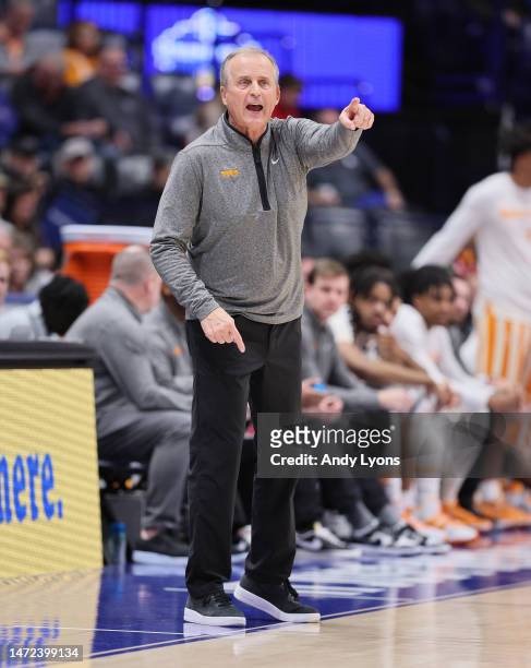 Rick Barnes the head coach of the Tennessee Volunteers against the Ole Miss Rebels during the 2023 SEC Basketball Tournament on March 09, 2023 in...