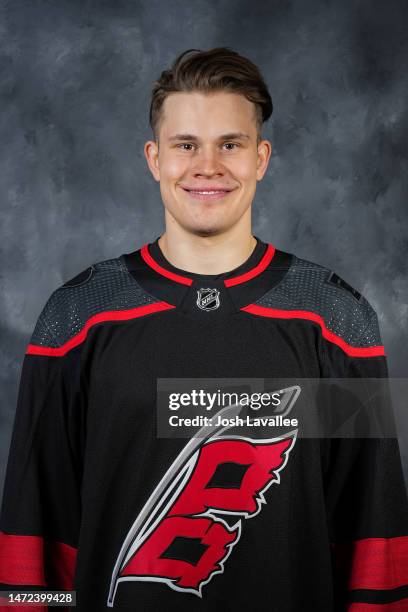 Jesse Puljujarvi of the Carolina Hurricanes poses for a portrait prior to the game against the Philadelphia Flyers at PNC Arena on March 09, 2023 in...