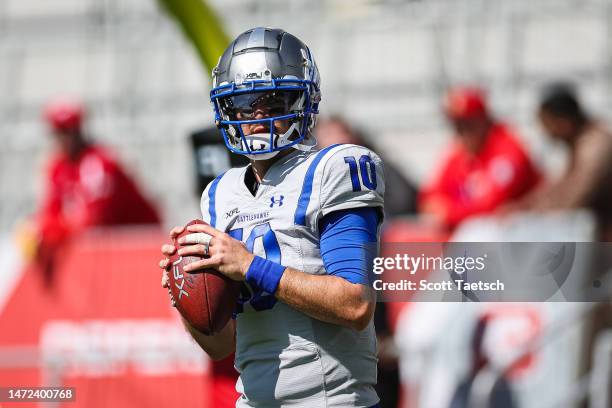 McCarron of the St Louis Battlehawks warms up before the XFL game against the DC Defenders at Audi Field on March 5, 2023 in Washington, DC.