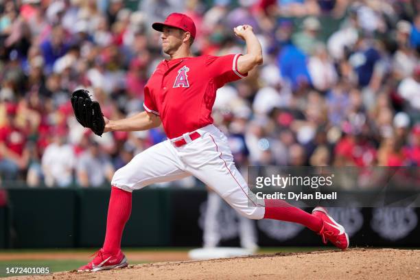 Tyler Anderson of the Los Angeles Angels pitches in the second inning against Team USA during a spring training exhibition game at Tempe Diablo...