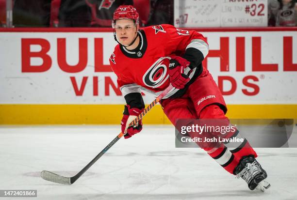 Jesse Puljujarvi of the Carolina Hurricanes warms up prior to a game against the Philadelphia Flyers at PNC Arena on March 09, 2023 in Raleigh, North...