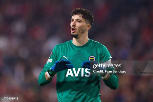 Altay Bayindir of Fenerbahce looks on during the UEFA Europa League round of 16 leg one match between Sevilla FC and Fenerbahce at Estadio Ramon...