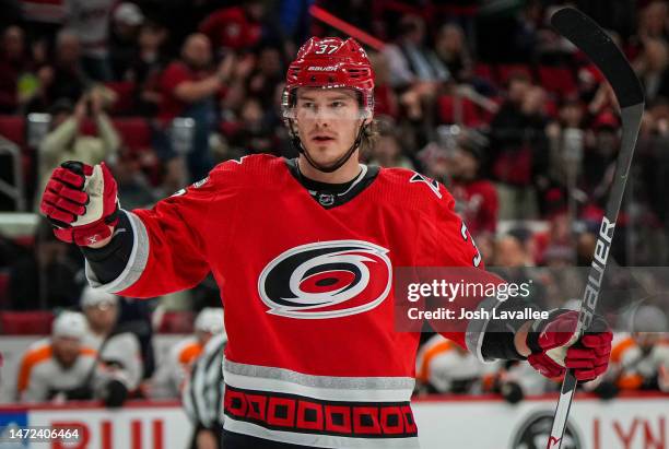 Andrei Svechnikov of the Carolina Hurricanes celebrates with teammates after a goal during the first period against the Philadelphia Flyers at PNC...