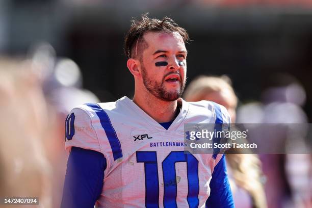 McCarron of the St Louis Battlehawks reacts to a play against the DC Defenders during the first half of the XFL game at Audi Field on March 5, 2023...