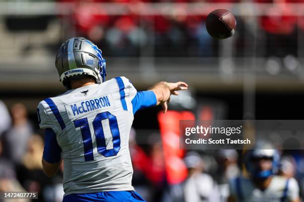 McCarron of the St Louis Battlehawks attempts a pass against the DC Defenders during the first half of the XFL game at Audi Field on March 5, 2023 in...