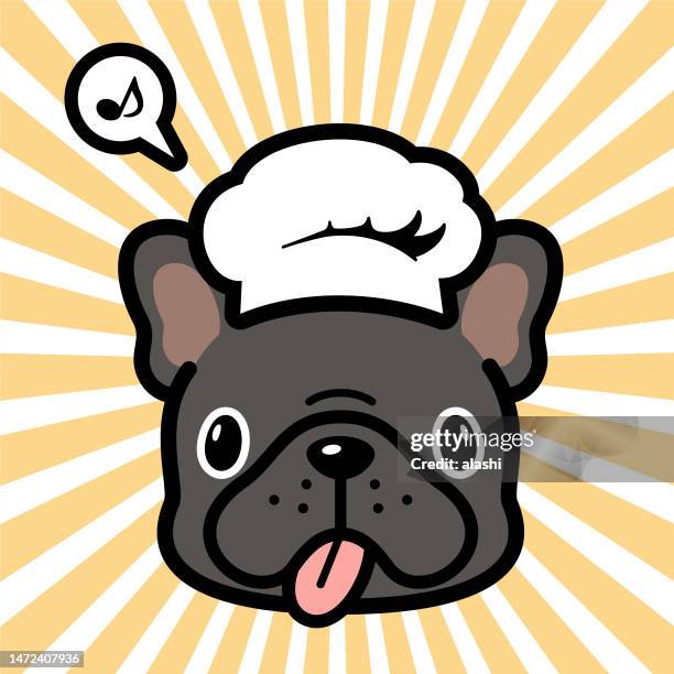 cute character design of the french bulldog puppy wearing a chef hat - whistling stock illustrations