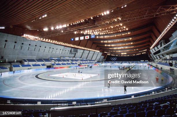 General view of the M-Wave Arena during the Long Track Speed Skating competition of the 1998 Winter Olympics held in February 1998 in Nagano, Japan.
