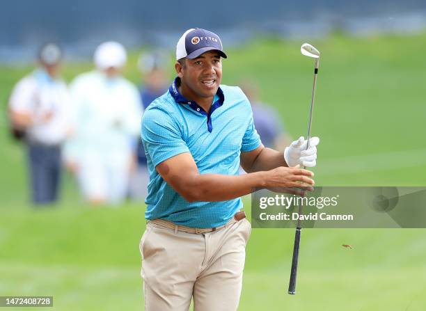 Jhonattan Vegas of Venezuela plays his second shot on the 18th hole during the first round of THE PLAYERS Championship on THE PLAYERS Stadium Course...