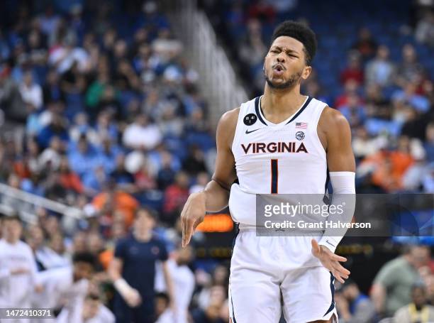 Jayden Gardner of the Virginia Cavaliers reacts after a missed three-point shot against the North Carolina Tar Heels during the first half in the...