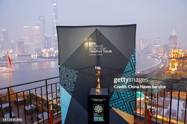 Women's World Cup Australia & New Zealand 2023 Winner's Trophy is seen at Shanghai Peace Hotel during an exhibition tour on March 9, 2023 in...