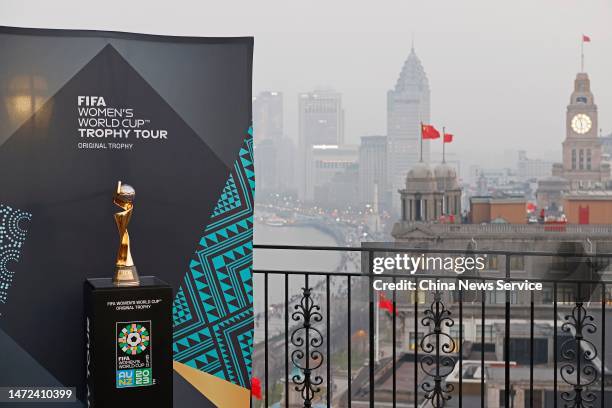 Women's World Cup Australia & New Zealand 2023 Winner's Trophy is seen at Shanghai Peace Hotel during an exhibition tour on March 9, 2023 in...