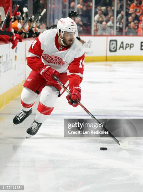 Robby Fabbri of the Detroit Red Wings skates the puck against the Philadelphia Flyers at the Wells Fargo Center on March 5, 2023 in Philadelphia,...
