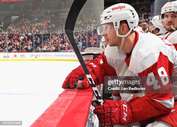Alex Chiasson of the Detroit Red Wings watches the play on the ice during the first period against the Philadelphia Flyers at the Wells Fargo Center...