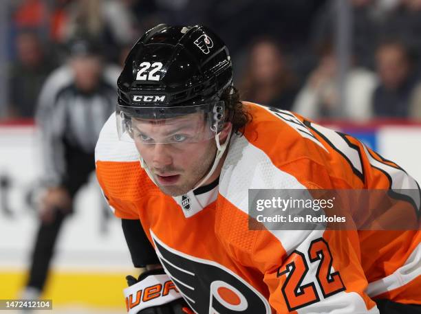 Brendan Lemieux of the Philadelphia Flyers looks on against the Detroit Red Wings at the Wells Fargo Center on March 5, 2023 in Philadelphia,...