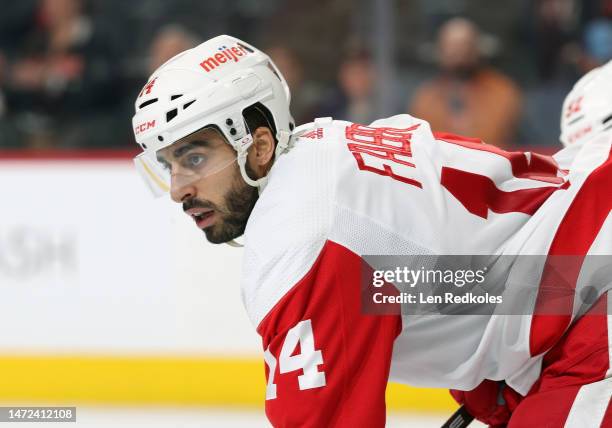 Robby Fabbri of the Detroit Red Wings looks on against the Philadelphia Flyers at the Wells Fargo Center on March 5, 2023 in Philadelphia,...