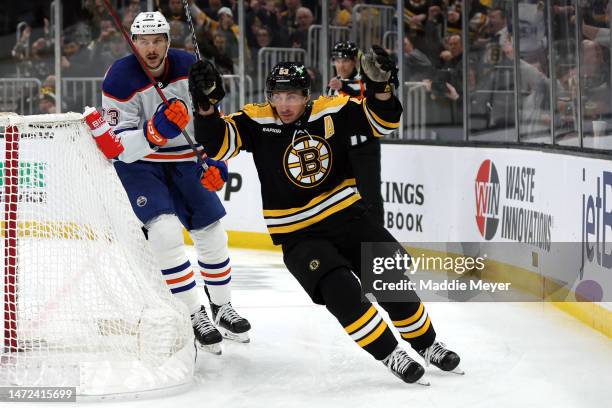Brad Marchand of the Boston Bruins celebrates after scoring against the Edmonton Oilers during the first period at TD Garden on March 09, 2023 in...