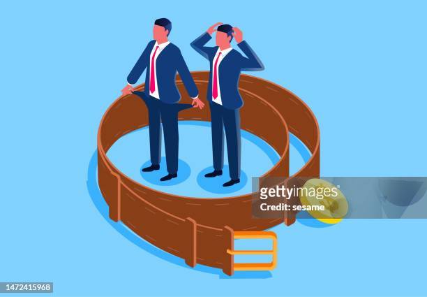 empty pockets, tightened belts, poor or bankrupt businessmen, debt and loan problems, financial mistakes, isometric disappointed businessmen standing in the middle of curled belts - head in hands vector stock illustrations