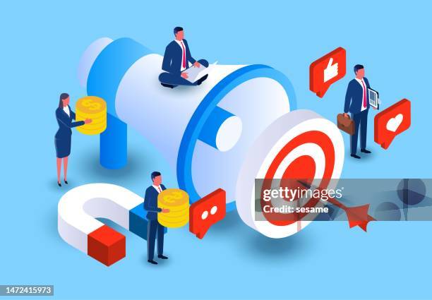 ilustrações de stock, clip art, desenhos animados e ícones de marketing and strategy, clear business goals, refining and achieving corporate missions, isometric merchants, targets and megaphones - turnover sport