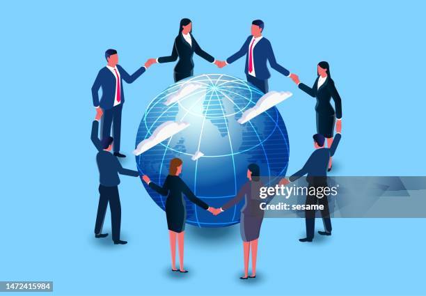 world peace, global solidarity, global support and cooperation, sustainable development and environmental protection, etc. are just a few steps away from a group of businessmen holding hands around the earth. - to assemble world stock illustrations