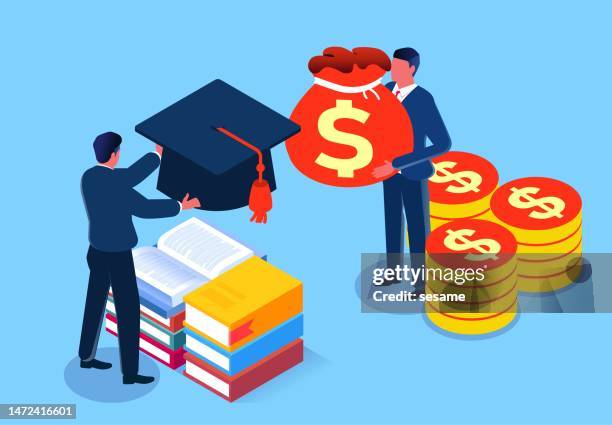 ilustraciones, imágenes clip art, dibujos animados e iconos de stock de dinero y diplomas, falsedades, trampas y sobornos, empresarios isométricos con bolsas de dinero para comprar diplomas gorras de graduación - pago de matrícula