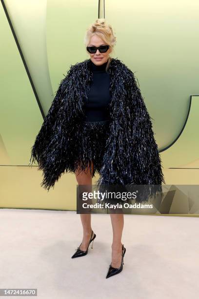 Pamela Anderson attends the Versace FW23 Show at Pacific Design Center on March 09, 2023 in West Hollywood, California.
