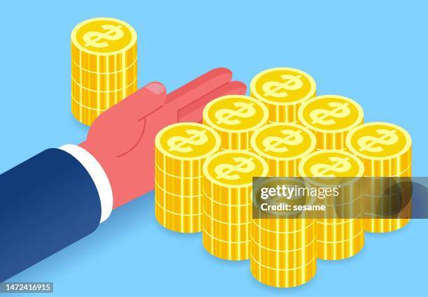 the gap between the rich and the poor, social injustice and unfairness, unfairness in financial distribution or work income, equidistant hand separating a large pile of gold coins from a small pile of gold coins - wealth gap stock illustrations