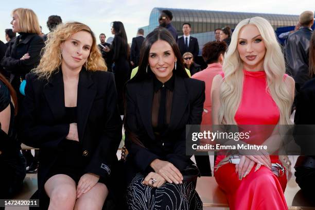 Rumer Willis, Demi Moore, and Christine Quinn attend the Versace FW23 Show at Pacific Design Center on March 09, 2023 in West Hollywood, California.