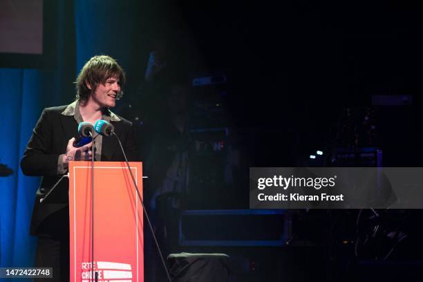 Conor Curley accepts thje RTÉ Choice Music Prize Irish Artist of the Year award on behalf of Fontaines DC at Vicar Street on March 09, 2023 in...